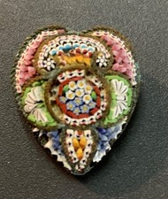 Vintage Italian Micro Mosaic Heart Pin Brooch With Floral Design Made Of Glass T