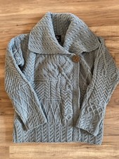 Aran Cardigan Céide Ladies Merino Wool Blue Size Small 10 - 12