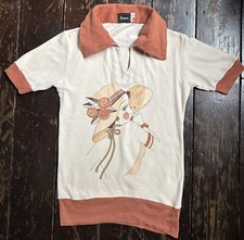 Vtg 70s Brown Beige ART DECO RARE Lady Print SIMON Pointy Collar Top T-shirt Xs
