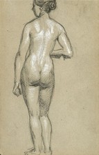 Portrait Of A Nude Lady - Antique Miniature Graphite Drawing - 19th Century