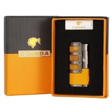 New Yellow Windproof Butane Lighter Triple Jet Flame Gas Torch Cigar with Punch