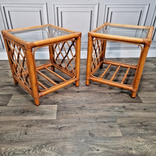 Pair Retro Side Tables - Vintage Rattan & Glass Bedside – Boho Coastal Tiki Cane