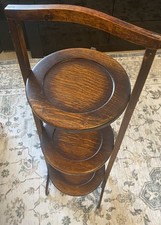 Vintage Oak 3 Tier Folding Cake Stand. 87cm Tall & 3 Round Cake Trays 22.5cm Dia