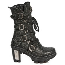 New Rock NEOTR005-S25 Ladies Leather Boots Vintage Floral Black Gothic Rock Punk