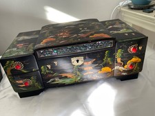 Vintage Japanese Black Lacquered Musical Jewellery Box Hand Painted With Mirror 