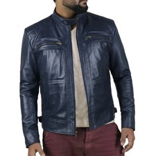 Men's Leather Jacket Genuine Lambskin Navy Blue Biker Motorcycle Coat Jacket