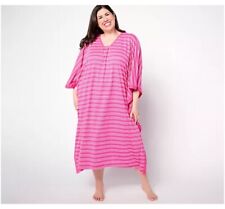 Carole Hochman Striped V-Neck Caftan Dress Size XS Hot Pink QVC A634008