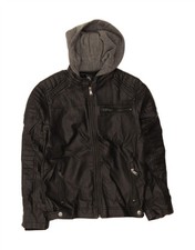GUESS Boys Hooded Faux Leather Jacket 13-14 Years Black Polyurethane BI10