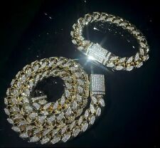 18ct Gold Layered Mens Chunky Cuban Curb link Bracelet And Chain Set cz Diamond