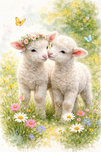Lamb couple wildflowers - lamb,