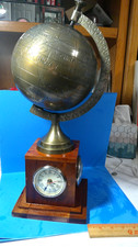 Vintage Etched Brass Globe W/Wood Base 4 Clocks & Time Zones RARE!
