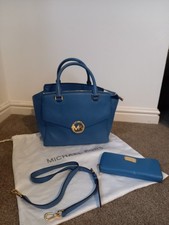 Authentic Michael Kors Blue Leather Matching Bag And Purse Set Detachable Strap