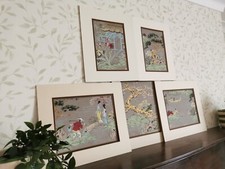 Set 1 Antique Hand Painted Chinoiseries Wallpaper Fragments x 5