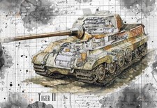 Line Tech Drawing Tiger II  Tank  Mock Retro Art  Poster Print