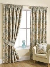 Aqua Blue Cream Pencil Pleat Jacquard Curtains Pair 117x228cm Lilies Tapestry