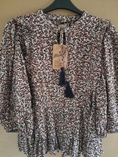 Mantaray blouse top black heather ivory brown  blouson sleeves UK 16 unworn gift