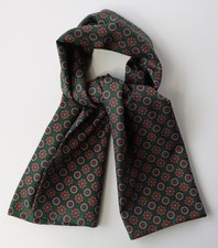 Silk Cravat. Green with blue & orange pattern print 39" x 9.5" Hand made