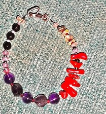 Smallish Bracelet Natural Gems Amethyst Red Coral Tourmaline Recycled Vintage