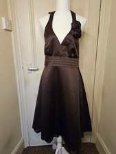 Debut Chocolate Brown Satin Halter Neck Dress With Rose Details Size 8 Petticoat