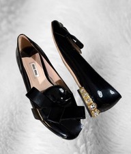 Miu Miu Patent Leather Bow Embellished Ballet Flats Black Size 39 Made in Italy