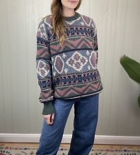 Vintage Size L 12-18 Green Patterned 100% Wool Chunky Knit Jumper Phildar