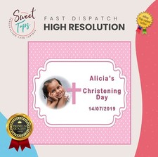 GIRL CHRISTENING + PHOTO PERSONALISED SQUARE BIRTHDAY CAKE TOPPER DECORATION