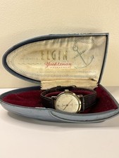 ELGIN Yachtmaster *BOXED* LINEN DIAL Vintage 1950’s Mens Manual Gold Dress Watch