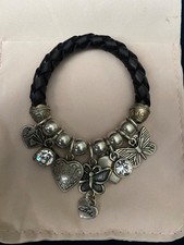 NEW Bibi Bijoux Black Leather Braided Charm Bracelet silver hearts/butterflies