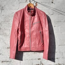Womens Red Herring Pink Leather Biker Jacket Zips Size 10