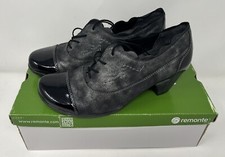 Remonte Low Heel Leather Shoes Grey & Black Boxed