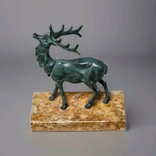 Vintage Art Deco French Green Spelter Stag on Marble Plinth