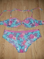 Gorgeous Green Pink Floral OCEAN CLUB bikini top bottom set size 10 12