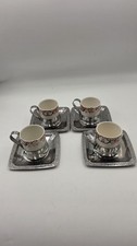 4 Italian Espresso Inox Pran Steel Porcelain Floral Demitasse Cups Vintage Set