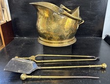Antique Large Brass Coal Scuttle With Solid Brass Fireside Tools Tongs Poker Etc