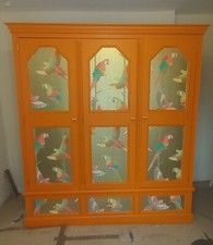 Triple Large Pine Wardrobe. Orange Gold Bird Print Upcycled Painted Bedroom...