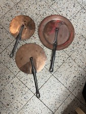 3 Antique French Copper Pot Pan Lids With Long Cast Iron Handles Vgc