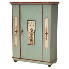 ANTIQUE 1818 DATED AQUA BLUE HAND PAINTED GERMAN MARRIAGE WARDROBE RARE COLOUR