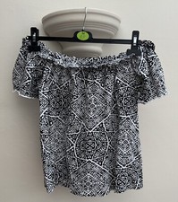 Primark Women’s Black & White Graphic Off The Shoulder Bardot Top UK 12 New!
