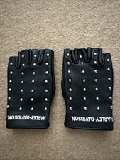 Harley-Davidson Black Leather Fingerless Gloves XL with Silver Studs Padded