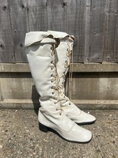 Vintage Empire Made 70s 80s White Leather Knee High Boots Lace Up Heel UK Size 6