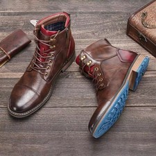 Men’s Retro PU Leather Boots Brown Lace-Up Ankle Zip Casual Work Shoes