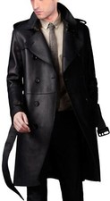 New Men's Black Leather Genuine Lamsbkin Trench Knee Lenght Stylish Winter Coat