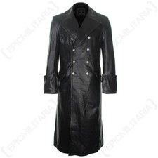 German Officer Leather Great Coat - WW2 Repro Black Leather Lined Overcoat