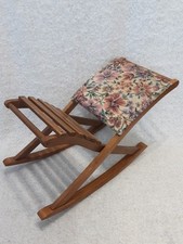 Vintage Wooden Footstool Foot Rest. Rocking. Tapestry. Slatted Cushioned.Studded