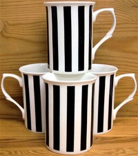 Black Lines Mugs Set of 4 Bone China Vertical Stripes Cups Hand Decorated UK