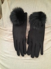 Black Velor Feel Faux Fur Pom Pom Trim Gloves S/M BNWOT