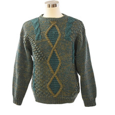 80s Vintage Popcorn Knit Sweater Mens M Baggy Teal Fisherman Irish Style Sweater