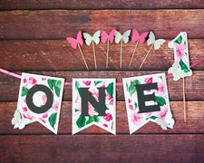 One Cherry blossom highchair banner, Butterfly first birthday party decoration