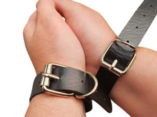 Leather Cuff With D Shackle 12 hole BDSM Kink Cuffs Buckled Black Leather x 2
