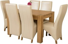 Oak 6-Seater Dining Table & Chairs Set – Small, Durable, Ivory Leather Seats